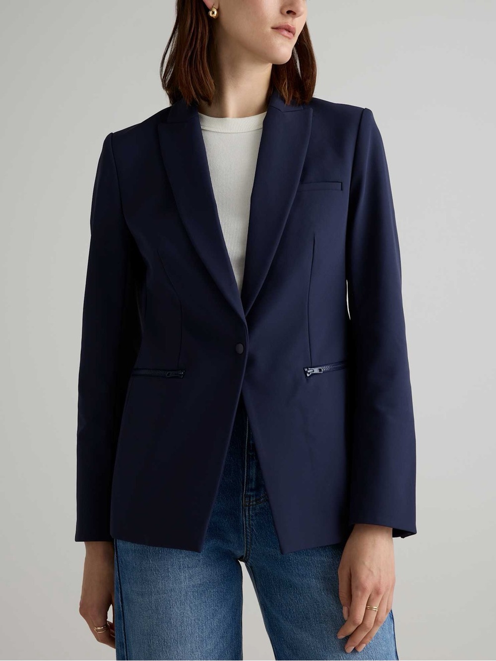 QUINCE Navy Scuba Single-Breasted Convertible Blazer, Size LARGE